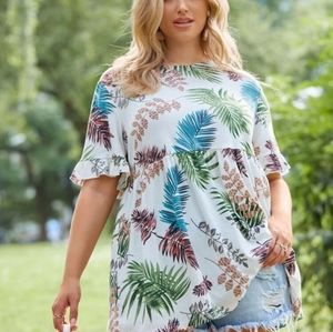 Tropical print flounce sleeve perfume blouse